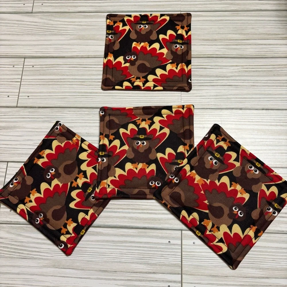 Handmade Turkey Print Reusable Washable Fabric Coaster Set